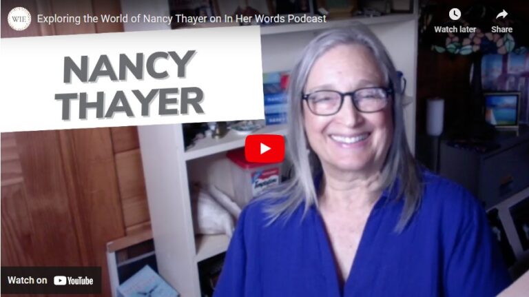 Nancy Thayer on the video screen: a woman with a warm smile, speaking confidently.