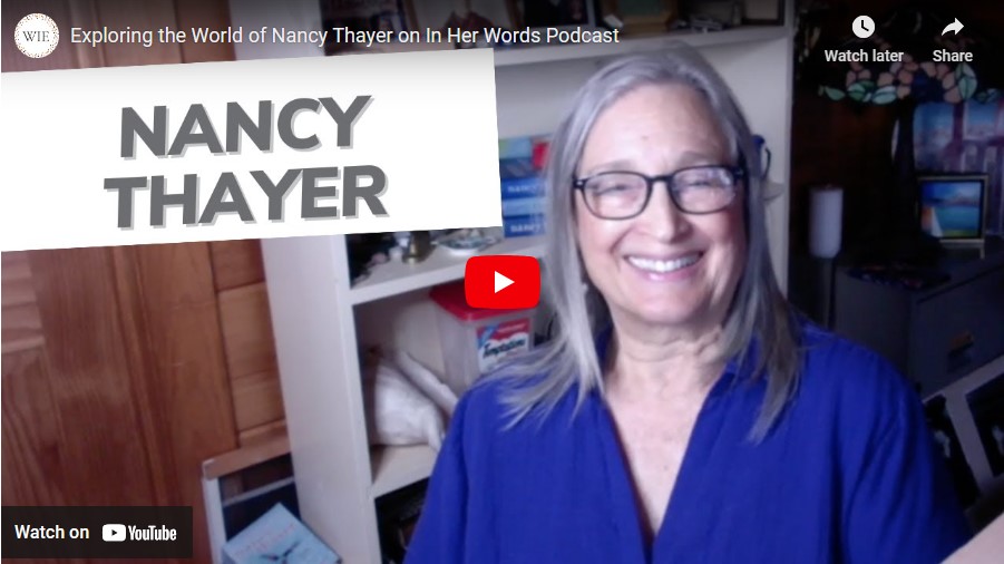 Nancy Thayer on the video screen: a woman with a warm smile, speaking confidently.