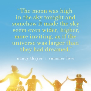 A quite from Summer Love above 5 people in swim suits running into the water. 