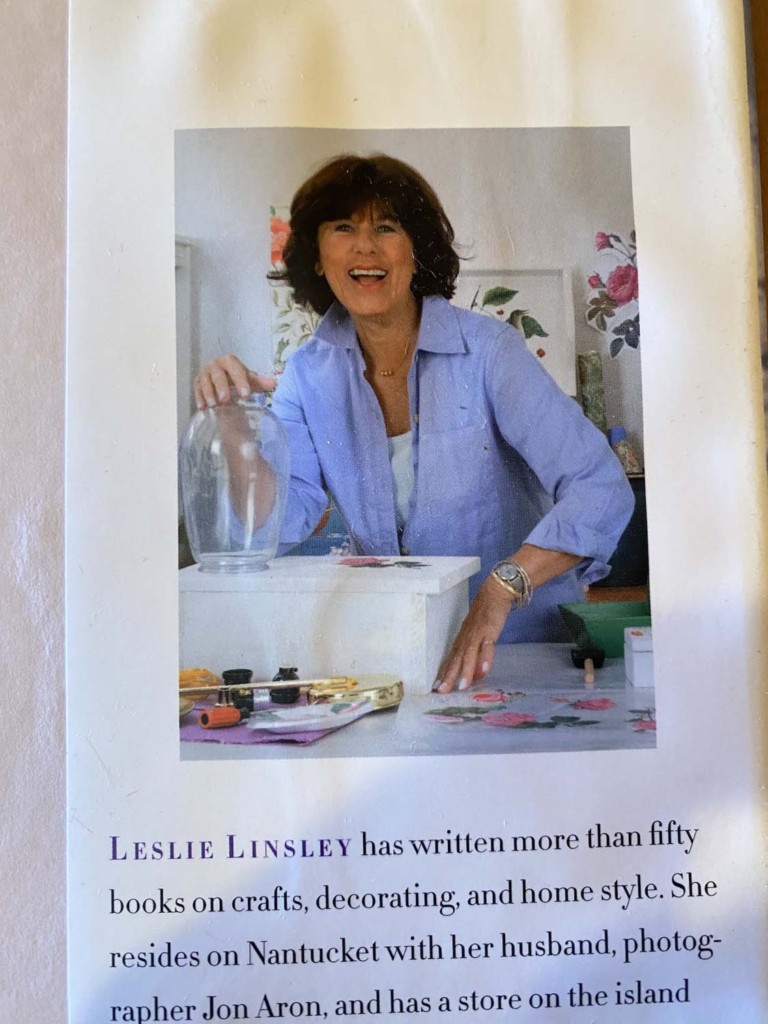 Inside flap of Leslie Linsley's Decoupage book showing photo of Leslie Linsley